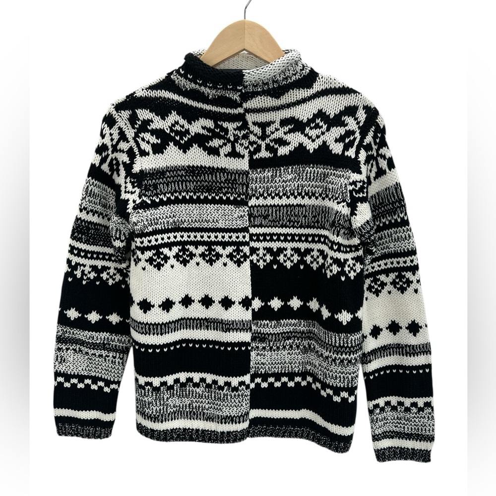 Northern Isles Black White Fair Isle Mock Neck Sweater Nordic Winter Knit S